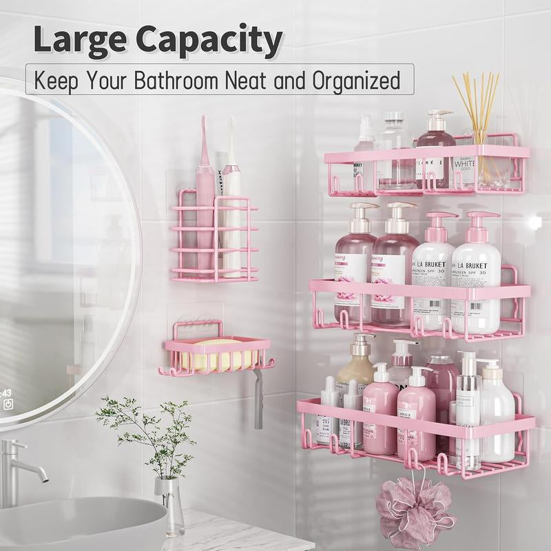 Pink Bathroom Accessories 5-Pack Rust-Proof & Waterproof Shower Rack No Drilling Required Stick-On Storage Rack with Toothbrush & Soap Holder Large-Capacity Minimalist Design
