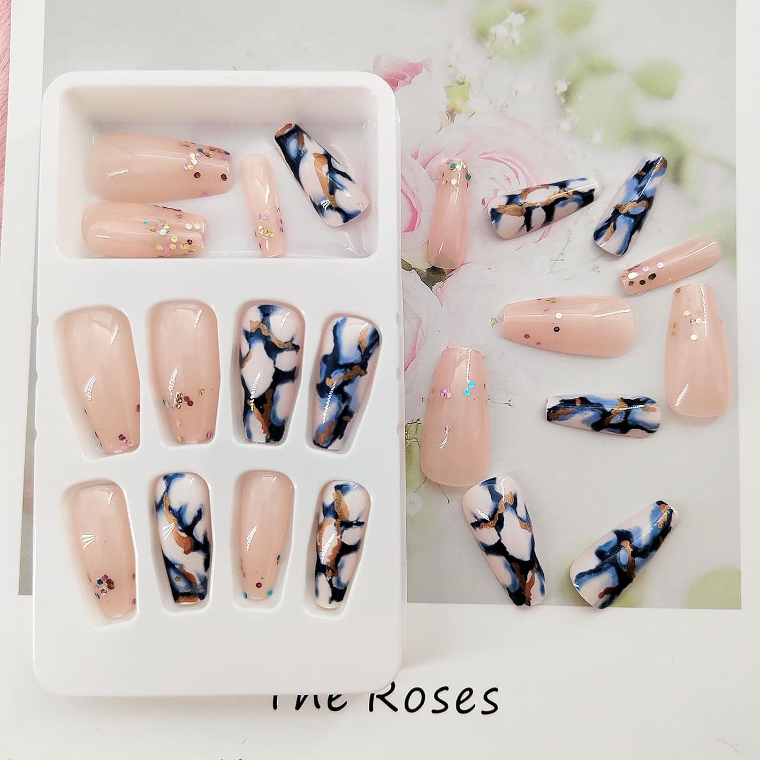 Elevate Your Style with Stunning Blue Marble & Sequins Coffin Press-On Nails - 24 Medium Length Glossy Acrylic Designs for Effortless Glam!