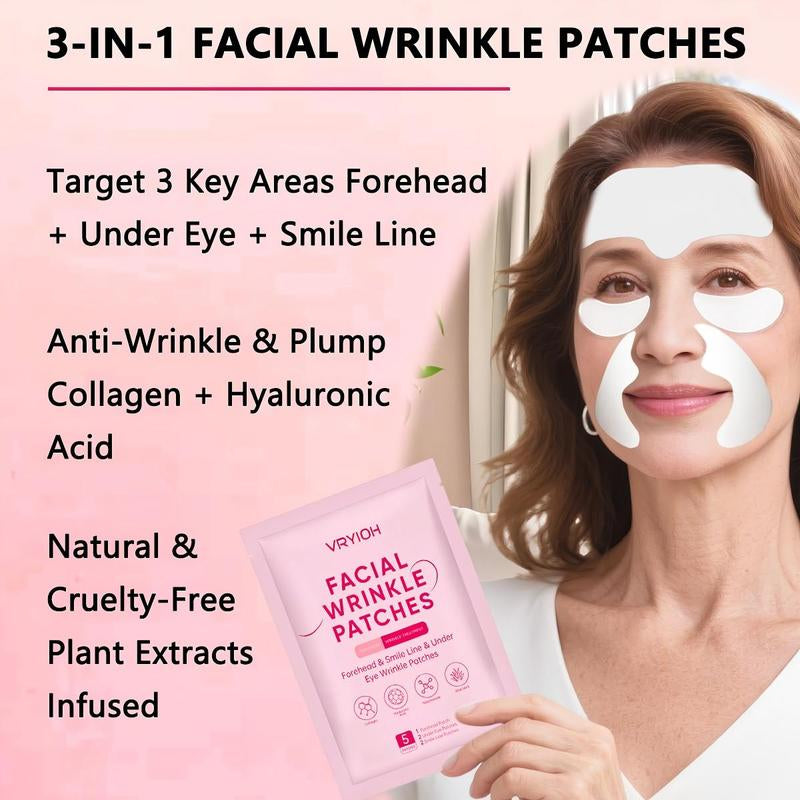3 in 1 Forehead, Smile Line & under Eye Wrinkle Patches, Overnight Facial Wrinkle Treatment with Hyaluronic Acid, Collagen to Lift Lines for Women, 60 Patches