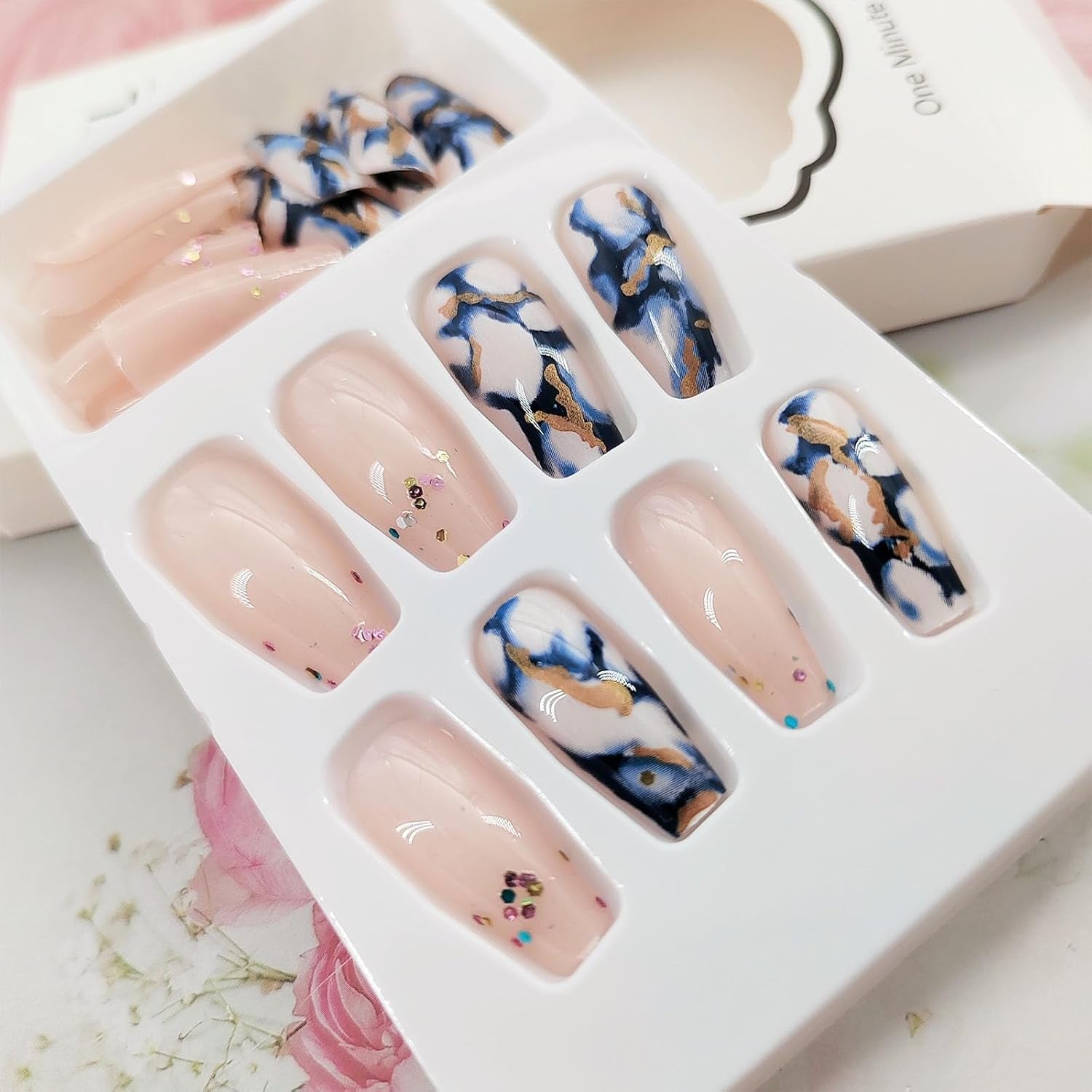 Elevate Your Style with Stunning Blue Marble & Sequins Coffin Press-On Nails - 24 Medium Length Glossy Acrylic Designs for Effortless Glam!