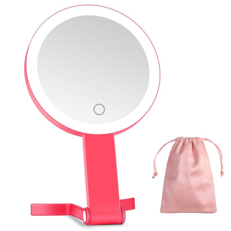 LED Makeup Mirror 10X/1X Dual Sided,Brightness Adjustable,Desk Mirror 360° Rotation/Handheld/Hanging,Foldable Mirror with Storage Pouch Portable for Travel, Home & Vanity,Luxury Makeup Accessories,Gifts for Women, Rechargeable Hand Mirror