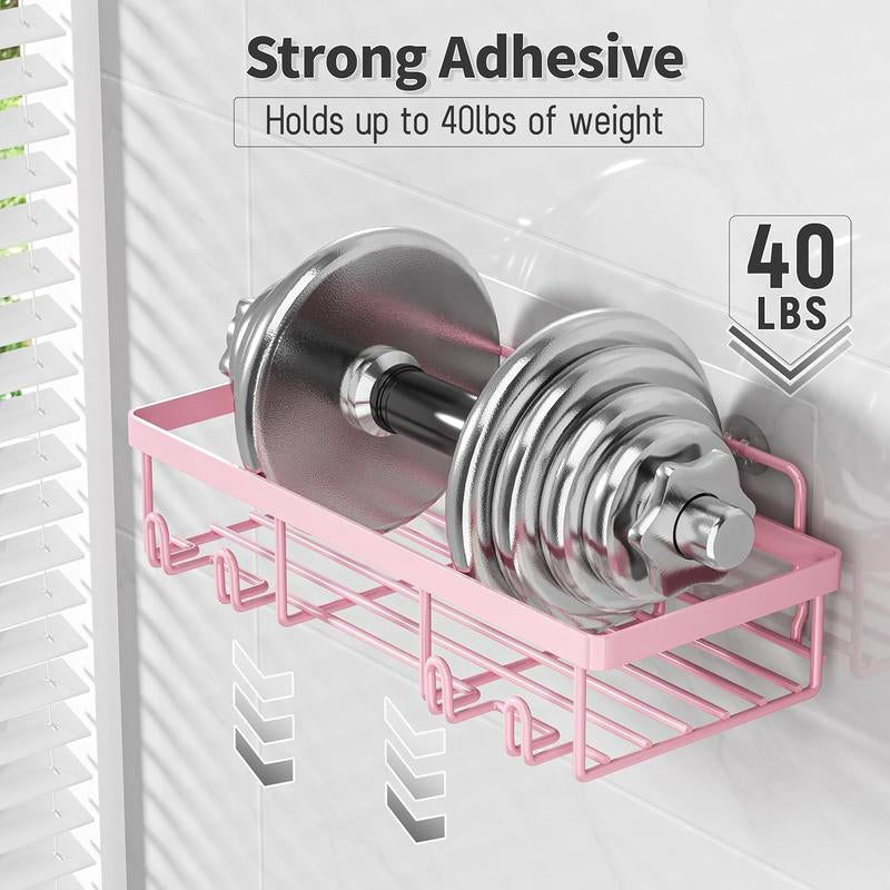 Pink Bathroom Accessories 5-Pack Rust-Proof & Waterproof Shower Rack No Drilling Required Stick-On Storage Rack with Toothbrush & Soap Holder Large-Capacity Minimalist Design