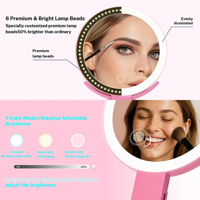 LED Makeup Mirror 10X/1X Dual Sided,Brightness Adjustable,Desk Mirror 360° Rotation/Handheld/Hanging,Foldable Mirror with Storage Pouch Portable for Travel, Home & Vanity,Luxury Makeup Accessories,Gifts for Women, Rechargeable Hand Mirror