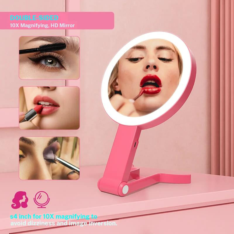 LED Makeup Mirror 10X/1X Dual Sided,Brightness Adjustable,Desk Mirror 360° Rotation/Handheld/Hanging,Foldable Mirror with Storage Pouch Portable for Travel, Home & Vanity,Luxury Makeup Accessories,Gifts for Women, Rechargeable Hand Mirror