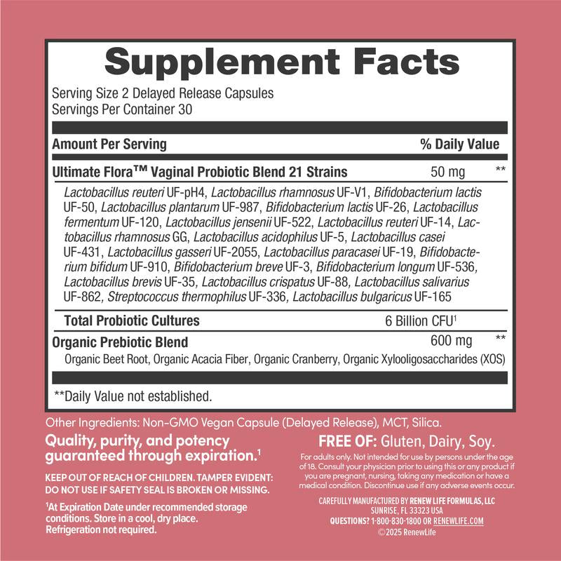 Renew Life Vaginal Probiotic for Women - Ultimate Flora - 6 Billion CFU - 60 Capsules - Vaginal Health and Ph Balance - Dairy Free