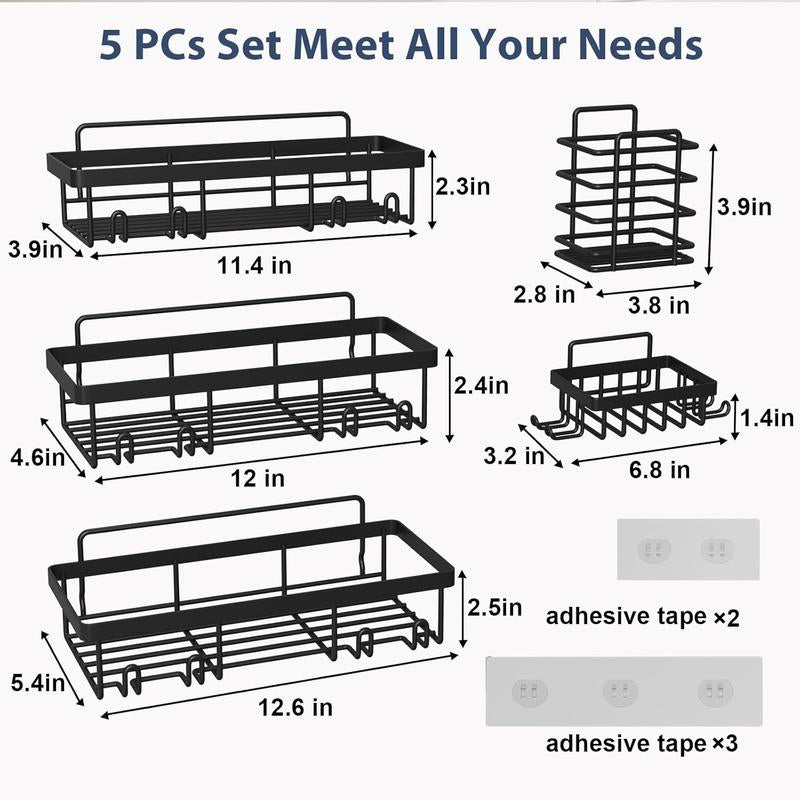 Pink Bathroom Accessories 5-Pack Rust-Proof & Waterproof Shower Rack No Drilling Required Stick-On Storage Rack with Toothbrush & Soap Holder Large-Capacity Minimalist Design