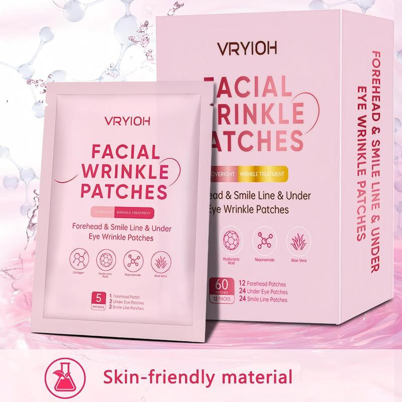 3 in 1 Forehead, Smile Line & under Eye Wrinkle Patches, Overnight Facial Wrinkle Treatment with Hyaluronic Acid, Collagen to Lift Lines for Women, 60 Patches