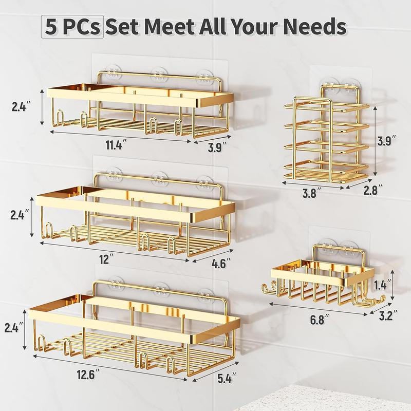 Pink Bathroom Accessories 5-Pack Rust-Proof & Waterproof Shower Rack No Drilling Required Stick-On Storage Rack with Toothbrush & Soap Holder Large-Capacity Minimalist Design