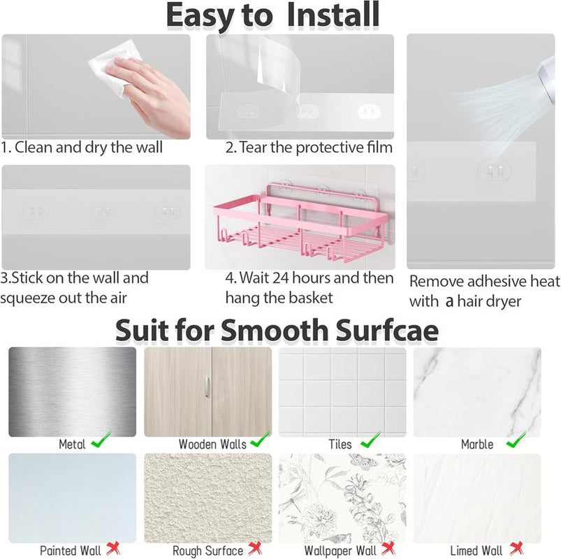 Pink Bathroom Accessories 5-Pack Rust-Proof & Waterproof Shower Rack No Drilling Required Stick-On Storage Rack with Toothbrush & Soap Holder Large-Capacity Minimalist Design