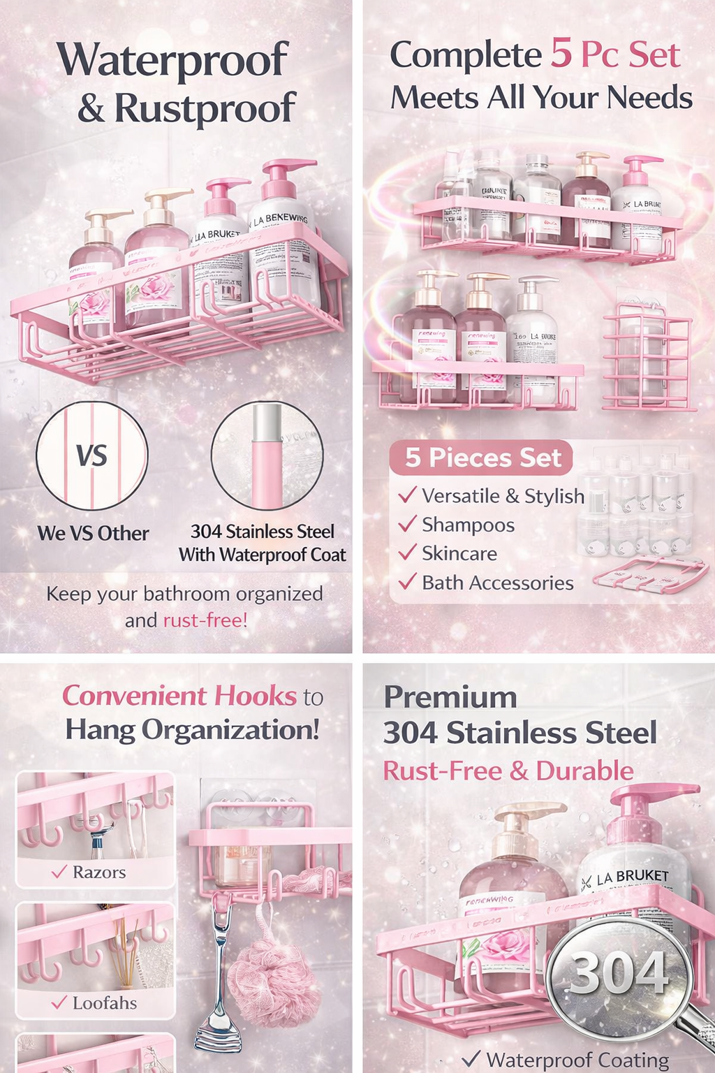 🌸 Pink Bathroom Organizer Set – 5-Pack No-Drill Shower Storage