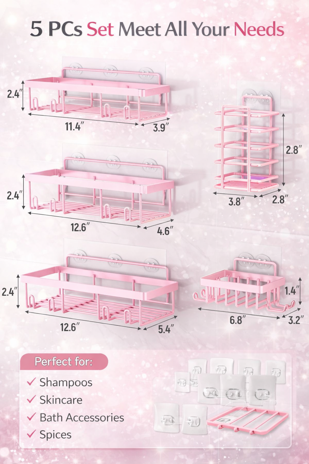 🌸 Pink Bathroom Organizer Set – 5-Pack No-Drill Shower Storage