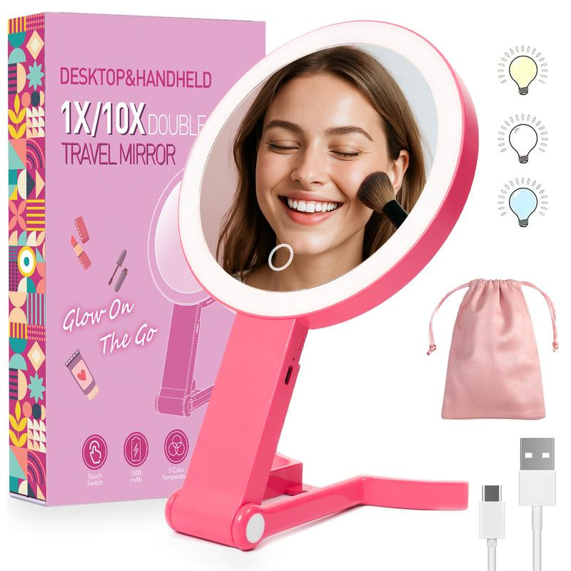 LED Makeup Mirror 10X/1X Dual Sided,Brightness Adjustable,Desk Mirror 360° Rotation/Handheld/Hanging,Foldable Mirror with Storage Pouch Portable for Travel, Home & Vanity,Luxury Makeup Accessories,Gifts for Women, Rechargeable Hand Mirror