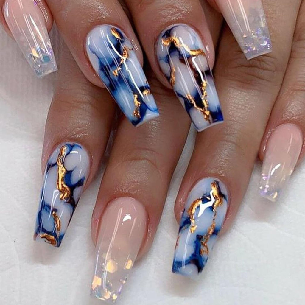 Elevate Your Style with Stunning Blue Marble & Sequins Coffin Press-On Nails - 24 Medium Length Glossy Acrylic Designs for Effortless Glam!