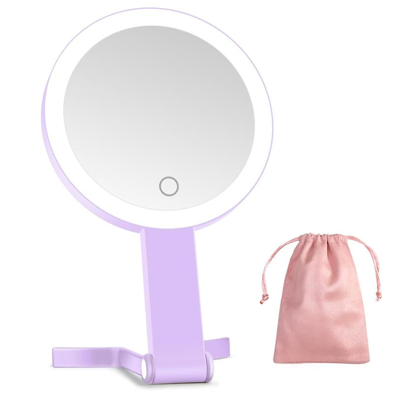 LED Makeup Mirror 10X/1X Dual Sided,Brightness Adjustable,Desk Mirror 360° Rotation/Handheld/Hanging,Foldable Mirror with Storage Pouch Portable for Travel, Home & Vanity,Luxury Makeup Accessories,Gifts for Women, Rechargeable Hand Mirror